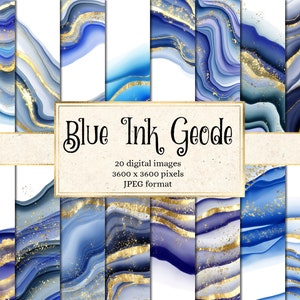 Blue Ink Geode Digital Paper, printable scrapbook paper with alcohol ink agate texture backgrounds instant download for commercial use