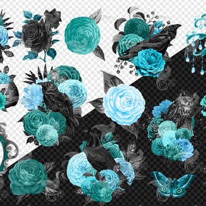 May include: A digital collage featuring a variety of gothic and vintage elements, including owls, ravens, skulls, flowers, and a chandelier. The images are set against a black and white checkered background.