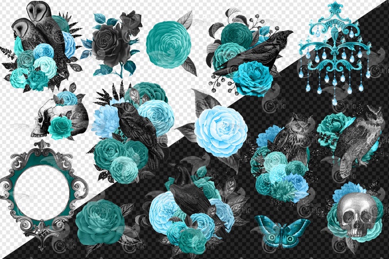 May include: A digital collage featuring a variety of gothic and vintage elements, including owls, ravens, skulls, flowers, and a chandelier. The images are set against a black and white checkered background.