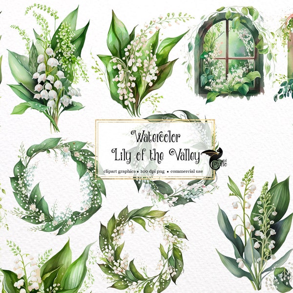 Watercolor Lily of the Valley Flowers Clipart - May bells floral spring flower bouquets in PNG format instant download for commercial use