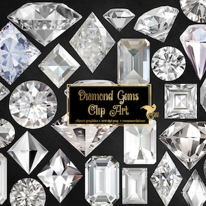 May include: A collection of 30 high-resolution diamond gem clip art images in various shapes and sizes.  The images are perfect for use in digital scrapbooking, card making, and other craft projects.  Diamond Gems Clip Art.