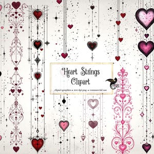 Könnte beinhalten: Digitales Clipart mit verschiedenen Herzdesigns in Rot, Rosa und Schwarz, die an Schnüren mit dekorativen Elementen aufgehängt sind. Das Bild enthält den Text "Heart Strings Clipart" in einem goldenen Rahmen, geeignet für digitale Kunstprojekte.