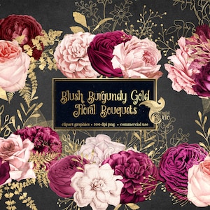Blush Burgundy Gold Floral Bouquets Clipart, digital instant download blush and gold foil wedding flower png embellishments commercial use