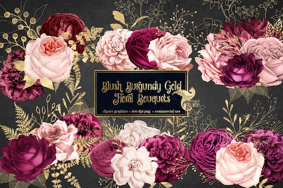 pic Burgundy And Rose Gold Flowers Clipart blush burgundy gold floral bouquets clipart digital instant etsy