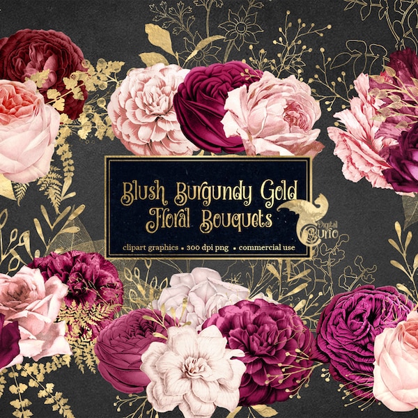 Blush Burgundy Gold Floral Bouquets Clipart, digital instant download blush and gold foil wedding flower png embellishments commercial use