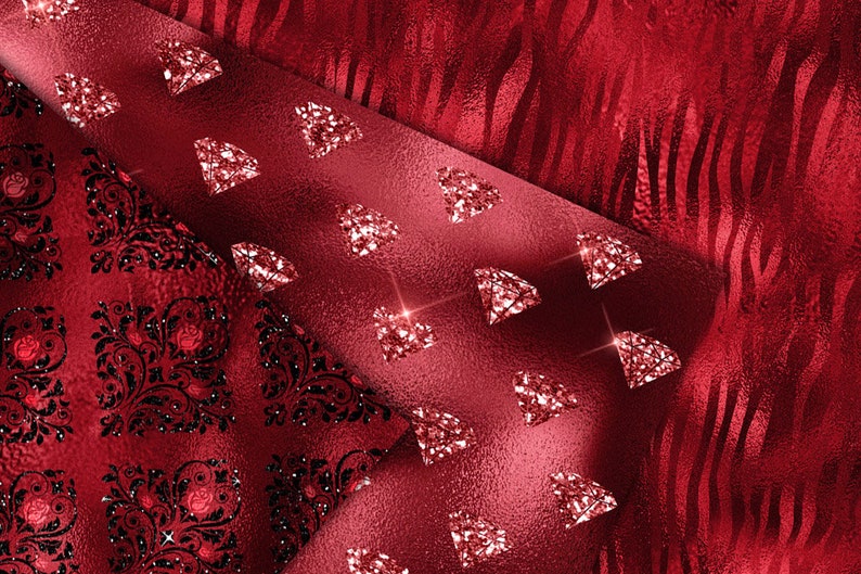 May include: Red fabric with a glittery diamond pattern. The fabric has a textured surface and is folded over to reveal a black and red damask pattern.