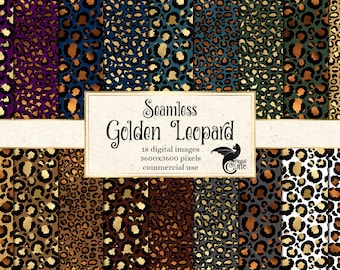 Golden Leopard Digital Paper, seamless cheetah skin pattern backgrounds with gold cheetah fur animal skins printable paper commercial use