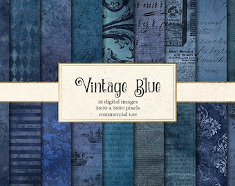 Vintage Blue Digital Paper, antique scrapbook paper, blue textures, distressed grunge lace damask printable backgrounds instant download