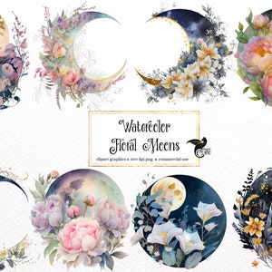 Watercolor Floral Moons Clipart - floral crescent moons with flowers and owls, watercolor PNG format instant download for commercial use