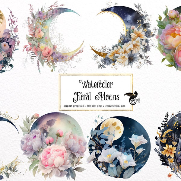 Watercolor Floral Moons Clipart - floral crescent moons with flowers and owls, watercolor PNG format instant download for commercial use