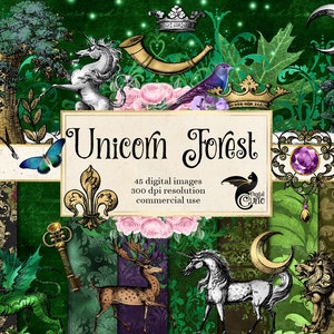 Unicorn Forest Digital Scrapbooking Kit, with fantasy woodland vintage graphics clipart and digital paper instant download commercial use