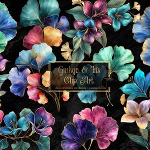 May include: Digital clip art featuring colorful ginkgo leaves and iris flowers in shades of blue, purple, pink, and gold, set against a black background. The text "Ginkgo & Iris Clip Art" is displayed in a gold frame.