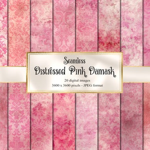 Distressed Pink Damask Digital Paper, seamless shabby vintage textured scrapbook paper, grunge textures, pale blush pink download