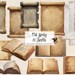 Op de afbeelding: Een assortiment oude papieren rollen en open boeken met vergeelde pagina's. De afbeelding bevat opgerolde rollen met sierlijke details en open boeken met zichtbare tekst. De tekst in de afbeelding luidt "Old Books & Scrolls".