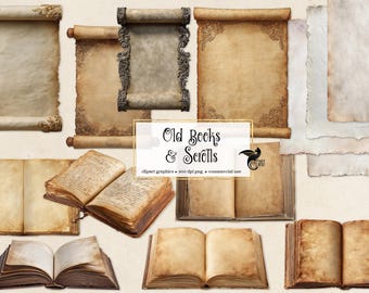 May include: An assortment of aged paper scrolls and open books with yellowed pages. The image includes rolled scrolls with ornate detailing, and open books with visible text. The text in the image reads "Old Books & Scrolls".
