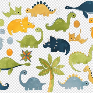 May include: A set of 15 watercolor illustrations of cute cartoon dinosaurs in various colors, including green, blue, yellow, and orange. The dinosaurs are in different poses, some are standing, some are walking, and some are flying. There are also some flowers and a palm tree in the illustration.