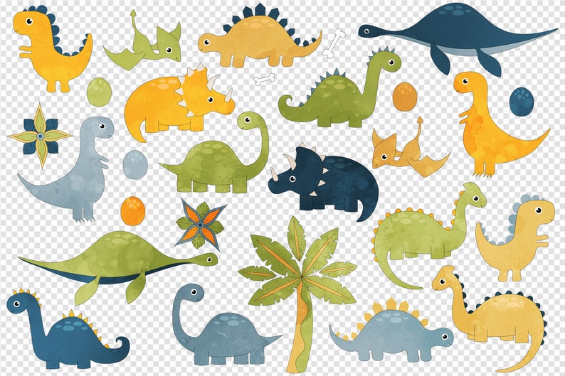 May include: A set of 15 watercolor illustrations of cute cartoon dinosaurs in various colors, including green, blue, yellow, and orange. The dinosaurs are in different poses, some are standing, some are walking, and some are flying. There are also some flowers and a palm tree in the illustration.