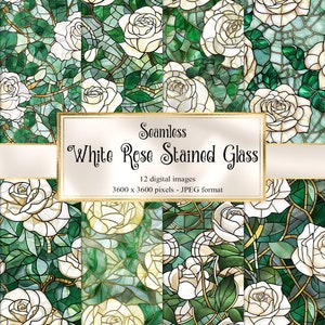 Stained Glass White Rose Digital paper, seamless printable textures printable scrapbook paper