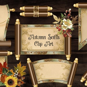 Könnte beinhalten: Satz von sechs braunen und goldenen Bilddateien mit Schriftrollen zum Thema Herbst. Die Schriftrollen haben einen dekorativen Rand mit floralen und Blattmotiven. Der Text "Autumn Scrolls Clip Art" befindet sich auf einer der Schriftrollen.