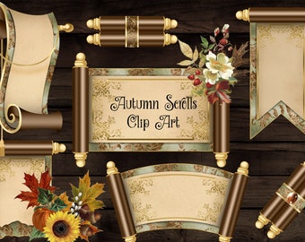 Herbst Schriftrollen, Clipart - Goldene Akzente, Herbststräuße (Digitaler Download)