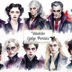 Watercolor Gothic Portraits Clipart - dark fantasy watercolor characters, Victorian vampire PNG format instant download for commercial use