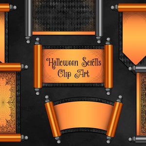Könnte beinhalten: Satz von acht orangefarbenen und schwarzen Schriftrollen mit schwarzem Hintergrund zum Thema Halloween. Die Schriftrollen haben verschiedene Designs, darunter ein Spinnennetz, einen Halloween-Gruß und einen leeren Platz für Text.  Halloween Scrolls Clip Art.