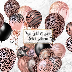 Rose Gold and Black Safari Balloons Clipart, glitter safari party clipart for birthdays PNG format instant download for commercial use