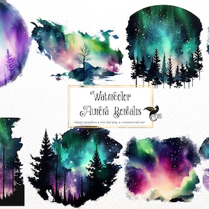 Aquarela Aurora Boreal Clipart - fantasia sombria Aurora Boreal aquarela formato PNG download instantâneo para uso comercial
