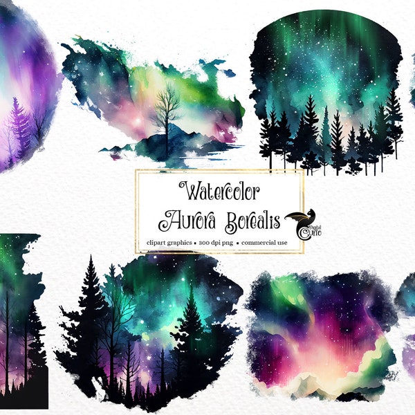 Watercolor Aurora Borealis Clipart - dark fantasy Northern Lights watercolor PNG format instant download for commercial use