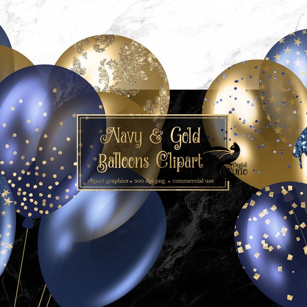 Imágenes Prediseñadas de globos azul marino y dorado, superposiciones digitales png de globo de brillo con confeti de brillo para cumpleaños, descarga instantánea, uso comercial