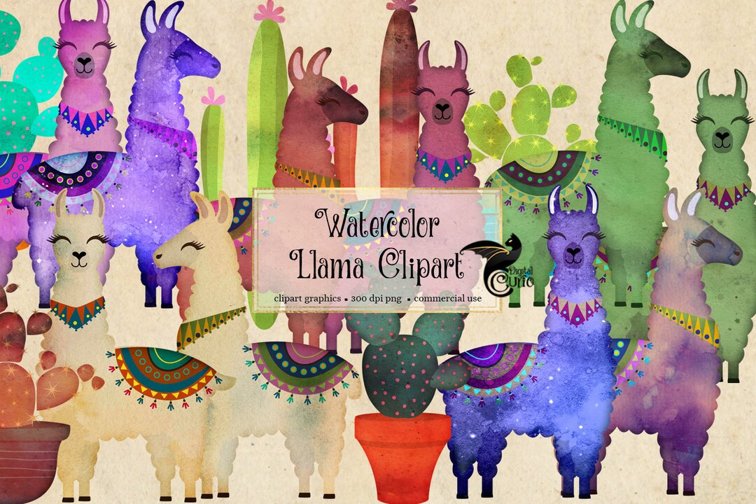 Watercolor Llama Clipart Cute Llama and Alpaca Clipart With Cactus ...