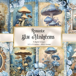 Romantico Blue Mushroom Journal Paper, pagine del diario spazzatura rococò in carta digitale del taccuino cottagecore stampabili da 8,5 x 11 pollici download istantaneo