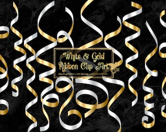 May include: White and gold curling ribbon clip art. The ribbons are arranged in a random pattern on a black marble background. The text "White & Gold Ribbon Clip Art" is in a gold frame.