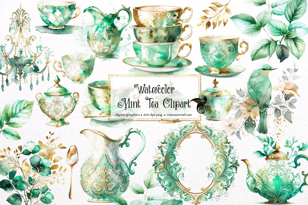 Watercolor Mint Tea Clipart, Mint and Gold Tea Cups, Garden Tea Clip Art PNG Graphics Instant
