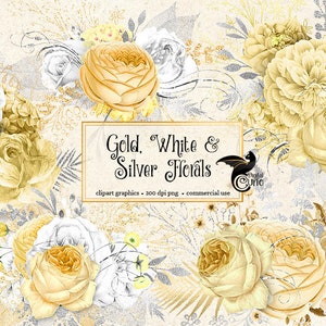 Gold, White and Silver Floral Clip Art, digital download painted rustic watercolor flower png embellishments, yellow glitter roses