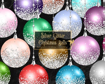 Silver Glitter Christmas Ball Ornaments Clipart, digital Christmas ornament clip art in png format for commercial use