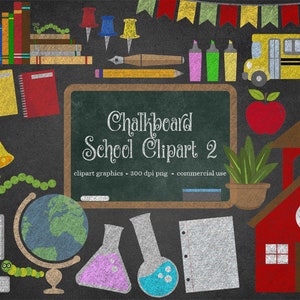 Chalkboard School Clipart 2 Back to School Clipart, School clip art, Chalk stationery, school bus, computers, science, digital blackboard image 1