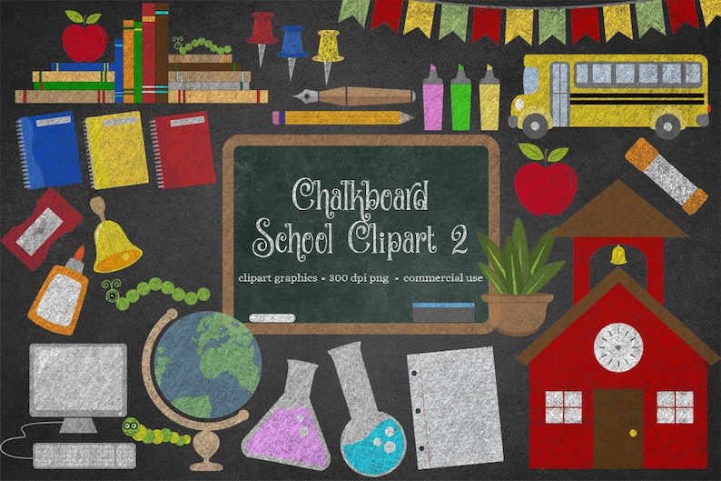 Chalkboard School Clipart 2 Back to School Clipart, School clip art, Chalk stationery, school bus, computers, science, digital blackboard image 1