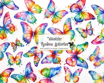 Watercolor Rainbow Butterfly Clipart, PNG Graphics (Digital Download)