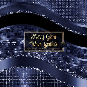 Navy Glam Wave Borders Clipart - seamless glitter and foil metallic luxury glam borders in png format for commercial use