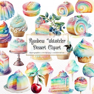 May include: A collection of watercolor rainbow-themed dessert clipart graphics. The set includes cupcakes, cakes, ice cream cones, a cake dome, a roll cake, macarons, and lollipops.  The graphics are perfect for adding a touch of whimsy to your designs.