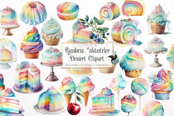 Watercolor Rainbow Desserts Clipart, Sweets PNG Graphics (Digital Download)