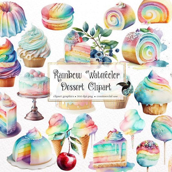Watercolor Rainbow Desserts Clipart, sweets and cakes clip art PNG graphics instant download for commercial use
