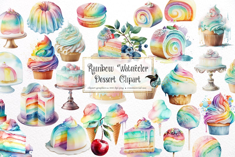 May include: A collection of watercolor rainbow-themed dessert clipart graphics. The set includes cupcakes, cakes, ice cream cones, a cake dome, a roll cake, macarons, and lollipops.  The graphics are perfect for adding a touch of whimsy to your designs.