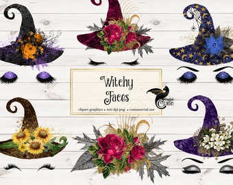 Witchy Faces Clipart, witch face and eyes, pretty witch eyelashes, Halloween witch clip art, witch hats, Halloween bouquets, commercial use