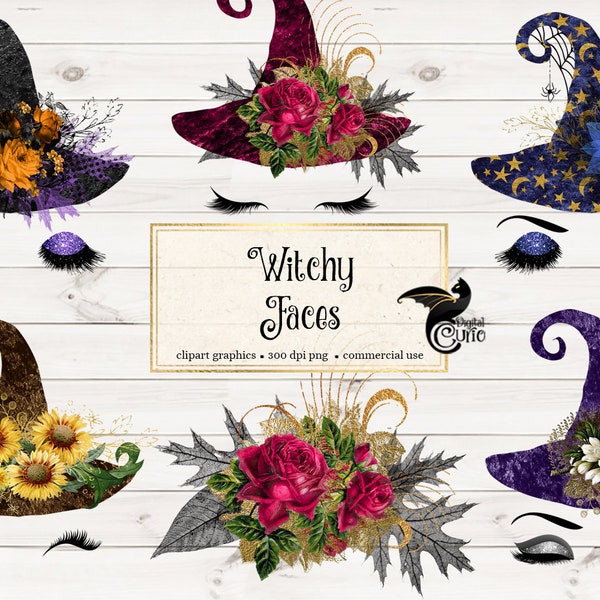 Witchy Faces Clipart, witch face and eyes, pretty witch eyelashes, Halloween witch clip art, witch hats, Halloween bouquets, commercial use