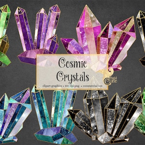 Cosmic Crystals Clipart, Galaxy Watercolor PNG (Digital Download)