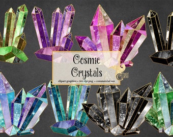 Cosmic Crystals Clipart, Galaxy Watercolor PNG (Digital Download)