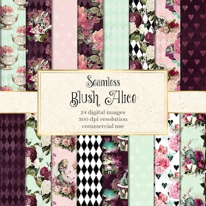 Blush Alice Digital Paper, vintage Alice's Adventures in Wonderland modelli senza cuciture in menta rosa cipria e carta stampabile bordeaux