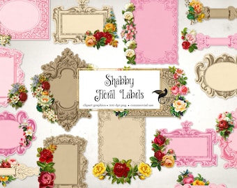Clipart di etichette floreali shabby - Cornici vintage, materiale effimero stampabile (download digitale)